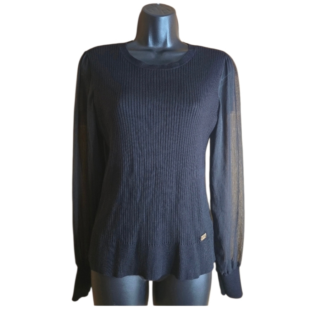 DKNY Black Ribbed Knit Top With Sheer Sleeves Office Attire Work Wear Size M